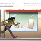 Texte: Kamala sagt, sie muss lernen statt Schurken zu jagen. Illustration einer rennenden Frau vor einem Schaufenster.
