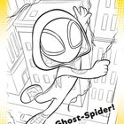Text: "Ghost-Spider!" und "4". Illustration eines Comic-Charakters in einem Spinnenkostüm, der zwischen Gebäuden schwingt.