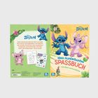 Titel: Mein kunterbuntes Spaßbuch. Texte: „Erlebe kunterbunten Spaß mit Stitch und Angel!“ und „Tolle Rätsel und Ausmalbilder“. Illustration: Stich und Angel.