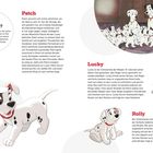 Schon gewusst? Patch war der einzige Welpe, der schon mit zweieinhalb Flecken im Fell geboren wurde. Texte beschreiben Patch, Lucky und Rolly. Links oben und rechts unten sind Zeichnungen von Dalmatinern.