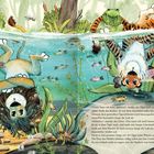 "Dafür kann ich tiefer tauchen!", brüllte der Tiger und sprang in die tiefste Stelle... Illustration von Tieren unter Wasser.