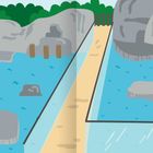 Es gibt keine Texte. Eine Illustration zeigt einen hellbraunen Weg über einem blauen Fluss, flankiert von großen Felsen.