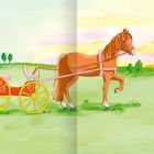 Illustration einer Kutsche mit gelben Rädern, gezogen von einem braunen Pferd vor einem grünen Feld im Sonnenuntergang.