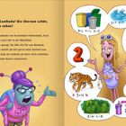 Äh ... Hallo, Lambada! Wie überaus schön, dich zu sehen! Zwei Figuren, bunte Kleidung, Sprechblasen mit Mathematikrätseln.