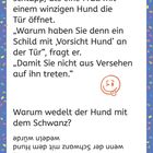 Der Briefträger lacht über einen winzigen Hund. Schild mit "Vorsicht Hund", um nicht auf ihn zu treten. Kleiner Witz: "Warum wedelt der Hund mit dem Schwanz?" Antworten auf den Kopf. Bunter Rahmen, Emoji mit herausgestreckter Zunge.