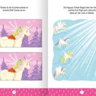 Links: Zwei fast gleiche Illustrationen einer Fee auf einem Einhorn vor Bäumen. Rechts: Drei fliegende Pegasus-Fohlen am Himmel.