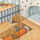 Illustration eines Baugeländes mit Arbeitern. Einer gräbt in einem Graben nahe eines großen orangefarbenen Rohres.
