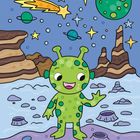 Kleiner grüner Alien mit Punkten winkt fröhlich. Sternenhimmel mit Planeten und Komet. Fantasievolle Landschaft.