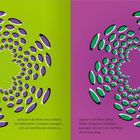 Links: "Schrumpfen." Rechts: "Wachsen." Illusion mit farbigen ovalen Formen in Kreisbewegung.