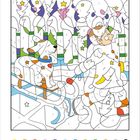 Malvorlage mit Zahlen: Ein Mädchen und ein Hund im verschneiten Wald. Farbenleiste unten zeigt 12 Farbcodes.