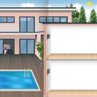 Texthinweis: Keine Texte außer Copyright sichtbar. 

Links: Außenansicht eines modernen Hauses mit Pool, Terrasse und zwei Etagen. Rechts: schematischer Schnitt des Hauses innen.