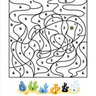 Eine Ausmalvorlage mit Zahlen 1 bis 6, darunter Korallen in Blau, Grün, Schwarz, Orange.