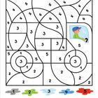 Ausmalbild mit Zahlen von 1 bis 5. Darunter Farben: Grau, Grün, Hellblau, Blau, Rot. Fahrer in einem Fahrzeugfenster.