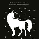 Text: "Nachts leuchtet der Sternenstaub der Einhörner ganz besonders. Male welchen!" Silhouette eines Einhorns mit Sternen.