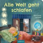 "Alle Welt geht schlafen" von Markus Tomsche und Janet Samuel. Illustration: Kind schlafend mit Teddybär, Mondsicht.