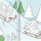 Zwei Kinder rodeln glücklich, eins winkt. Schnee bedeckt den Hügel, Bäume im Hintergrund. Illustration in freundlichen Farben.