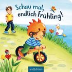"Schau mal, endlich Frühling!" Illustration: Kind mit Dino-Helm auf Laufrad, Tulpen, Marienkäfer, Gans am See.