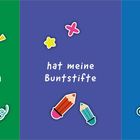 "Die Ente aus dem Gartenteich", "hat meine Buntstifte", "in hundert Einzelteile zerlegt." Illustrationen: Ente, Buntstifte, Schraubenschlüssel.