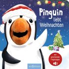 Text: "Pinguin liebt Weihnachten", "mit sprechender Fingerpuppe". Niedlicher Pinguin mit Mütze, Weihnachtsbaum und Geschenke.