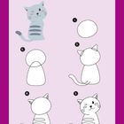 "Zeichne eine Katze" steht oben. Eine Schritt-für-Schritt-Anleitung zeigt, wie man eine Katze zeichnet.
