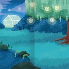 Keine Texte erkennbar. Illustration einer nächtlichen Szene mit einem Gewächshaus, Baum mit Lampen und einem Teich.