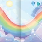 Illustration eines Regenbogens mit Sternen und Wolken, ein geflügeltes Einhorn und zwei Heißluftballons am Himmel.
