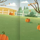 Eine Illustration mit Kürbissen auf grüner Wiese, Bäumen mit orangefarbenen Blättern und einem weißen Zaun im Hintergrund.