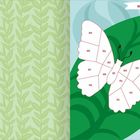 "Blauer Morphofalter" oben rechts. Eine Illustration zeigt einen nummerierten Schmetterling auf einem Blatt, links ein Blattmuster.