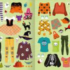 Verschiedene bunte Kleidung und Accessoires für Halloween auf einem Hintergrund mit Spinnennetzen.