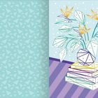 Illustration mit "Alltagspoesie"; geometrische Blumenform auf Büchern, dezentes Dreiecksmuster im Hintergrund.