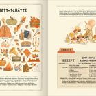 „Herbst-Schätze“ und „Herbst Rezept“: Illustration mit Herbstobjekten und Rezept für Zimt-Apfel-Krümel.