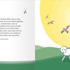 Text: Der Beweis dafür, dass es den kleinen Prinzen wirklich gegeben hat... Illustration eines Lamms vor einer großen gelben Sonne.