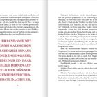 ER FAND SICH MIT EINEM MALE SCHON ÜBER SEIN ZIEL HINAUS IN EINER ENGEN GASSE, DURCH DIE NUR EIN PAAR ARMSELIGE DIRNEN AUF NÄCHTLICHEM MÄNNERFANG UMHERSTRICHEN.

Auf zwei weißen Seiten, schwarz gedruckter Text. Absatzweise links und rechts, mittig fett gedruckt. Seitenzahlen 36 und 37.