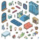 Nummer "7". Illustration eines bunten Schlafzimmers, inklusive Möbeln, Pflanzen, Figuren und einem Kater.