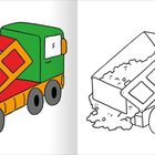 Illustration eines Kipplasters, der Erde ablädt. Links bunt, rechts schwarz-weiß.