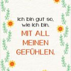 "Ich bin gut so, wie ich bin. MIT ALL MEINEN GEFÜHLEN." Umrandet von grünen Zweigen und gelben Blüten.
