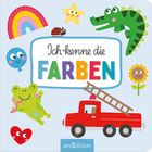 "Ich kenne die FARBEN" in bunten Buchstaben. Illustrationen: ein Regenbogen, Ballon, Frosch, Feuerwehrwagen.