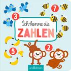 "Ich kenne die Zahlen" in der Mitte. Zahl 3 bei Vögeln, 7 bei Bienen, 5 bei Bananen, 2 bei Affen. Illustrationen bunt.