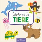 "Ich kenne die Tiere." Bunte Illustration mit Delfin, Tukane, Biene, Qualle, Schildkröte und Bär.
