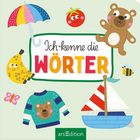 Text: "Ich kenne die WÖRTER". Farbenfrohe Illustrationen: Regenschirm, Tomate, Bär, Banane, Biene, Pullover, Segelboot.