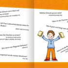 Mehrere Witze und Antworten; Illustration eines Kindes mit Sandwiches in beiden Händen. Hintergrund mit orangefarbenen Smileys.