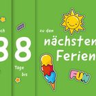 "Nur noch 88 Tage bis zu den nächsten Ferien." Sonne, Eiscreme und farbige Elemente auf grünem Hintergrund.