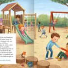 Text: Jeder Mensch hat eine Begabung, auch du... Illustration eines Spielplatzes mit Kindern, die spielen und Spaß haben.