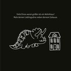 "Viele Dinos waren größer als ein Wohnhaus! Male deinen Lieblingsdino neben deinem Zuhause." Illustration mit Dino und Haus.