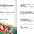 Primel legt die Hand auf Piets Schulter. Zwei Jungen blicken wütend aus einem Kellerfenster. Viel Text steht darüber.