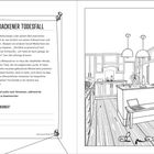 "Ein frisch gebackener Todesfall" beschreibt einen Mordfall. Rechts eine Küchenillustration mit einem am Boden liegenden Mann.