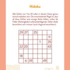 Text: "Hidoku. Alle Zahlen von 1 bis 49 sollen in diesem Gitter enthalten sein..."  
Ein Gitterrätsel mit Zahlen, Illustrationen von einem Buch und mathematischen Symbolen.