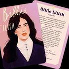 "Billie Eilish" ist in geschwungener Schrift geschrieben. Illustration einer Frau mit langen dunklen Haaren und weißem Kragen.