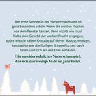 Ein Text über den Zauber des ersten Schnees, mit einem roten Vogel, verschneiten Bäumen und einem roten Pferde-Tier.