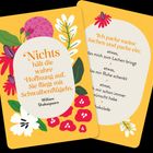Zwei Karten mit Blumendesign. Links ein Zitat von Shakespeare, rechts eine Liste von Sachen zum Einpacken.